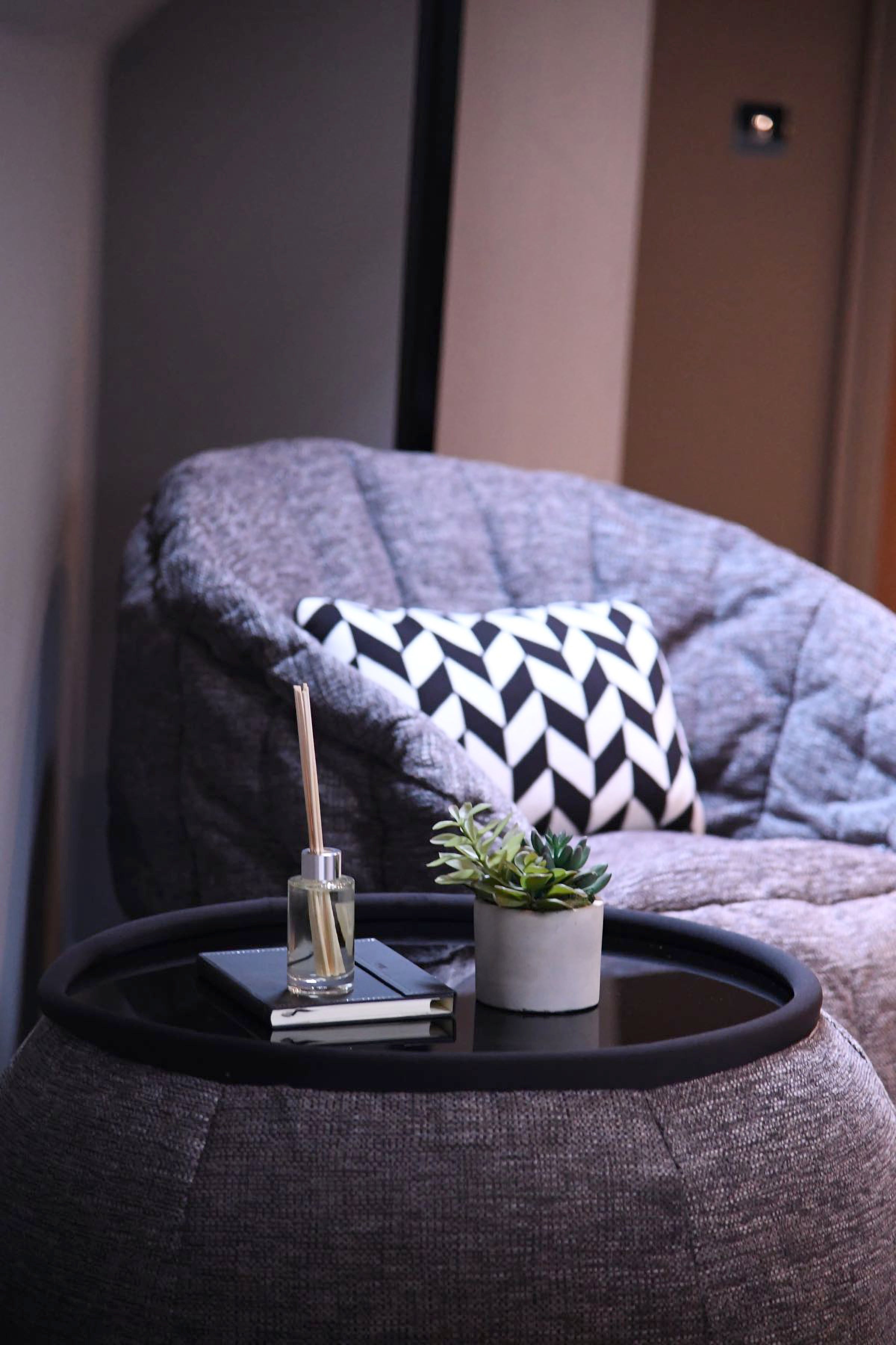 Butterfly Sofa and Versa Table bean bags in Luscious Grey in Middlesex suburban home designed by Samantha Pope Interiors