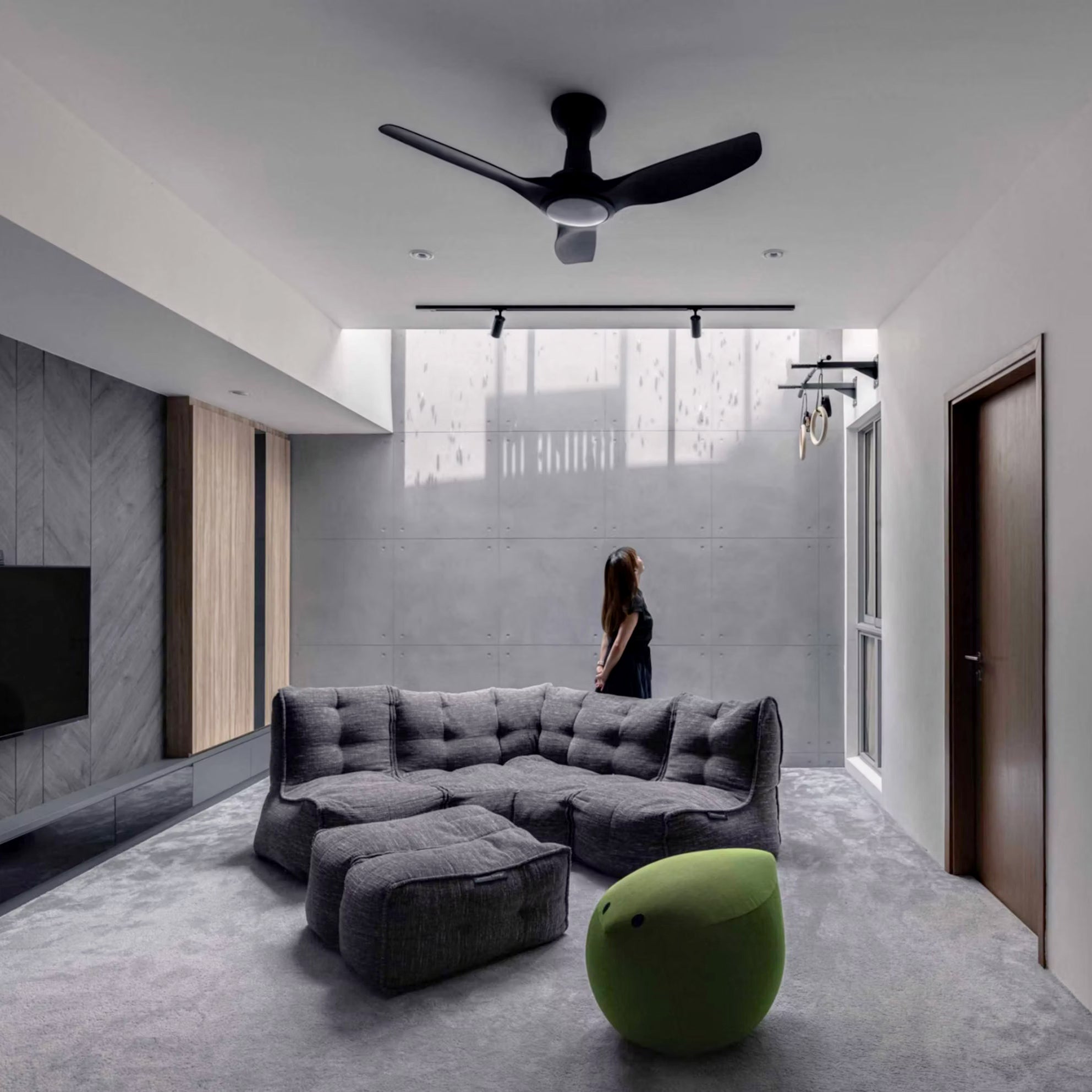 Modular Sofa bean bags in Luscious Grey in the basement of a Singapore landed home designed by The Orange Cube, featuring a strategically placed skylight.