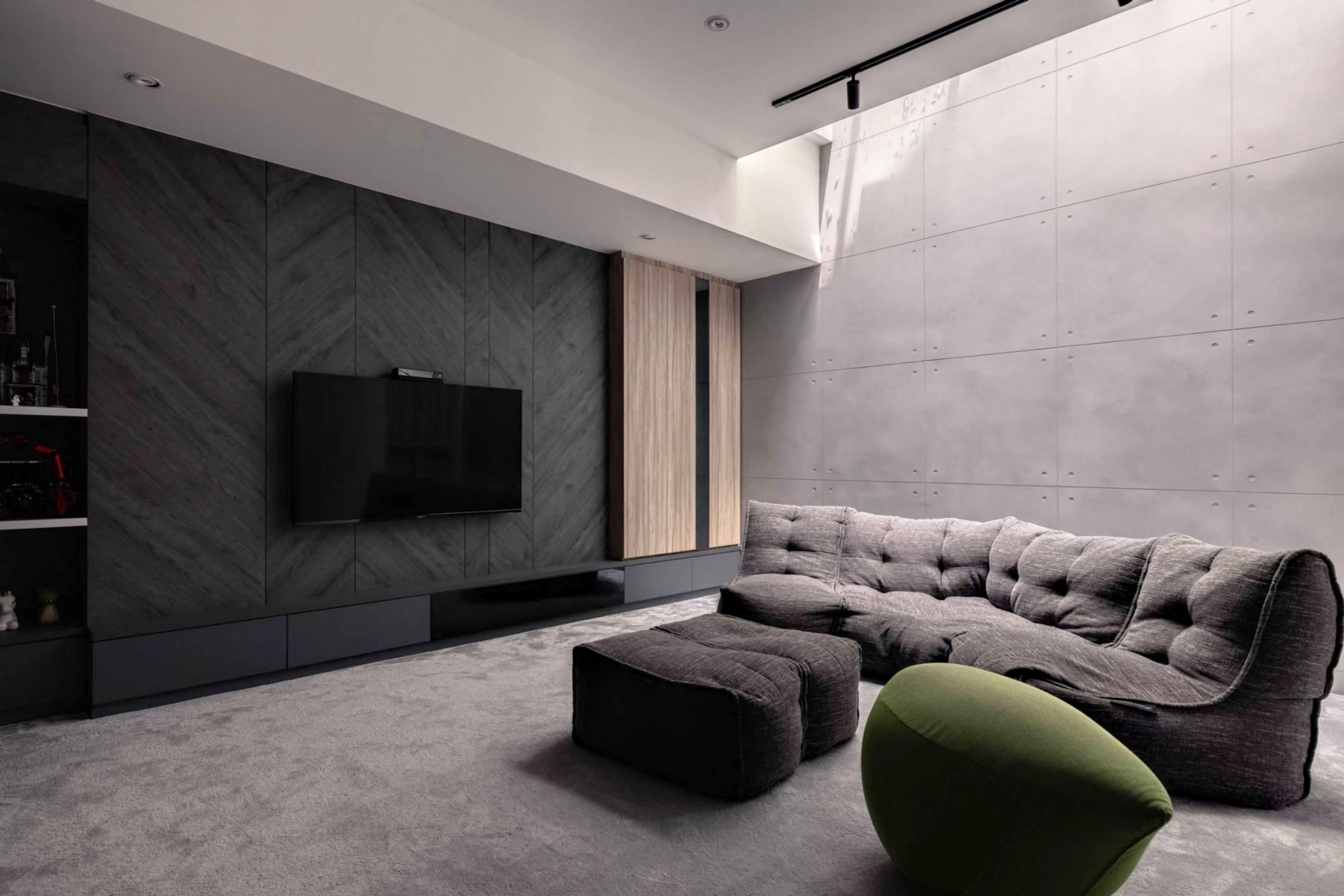 Modular Sofa bean bags in Luscious Grey in the basement entertainment room of a Singapore landed home designed by The Orange Cube.