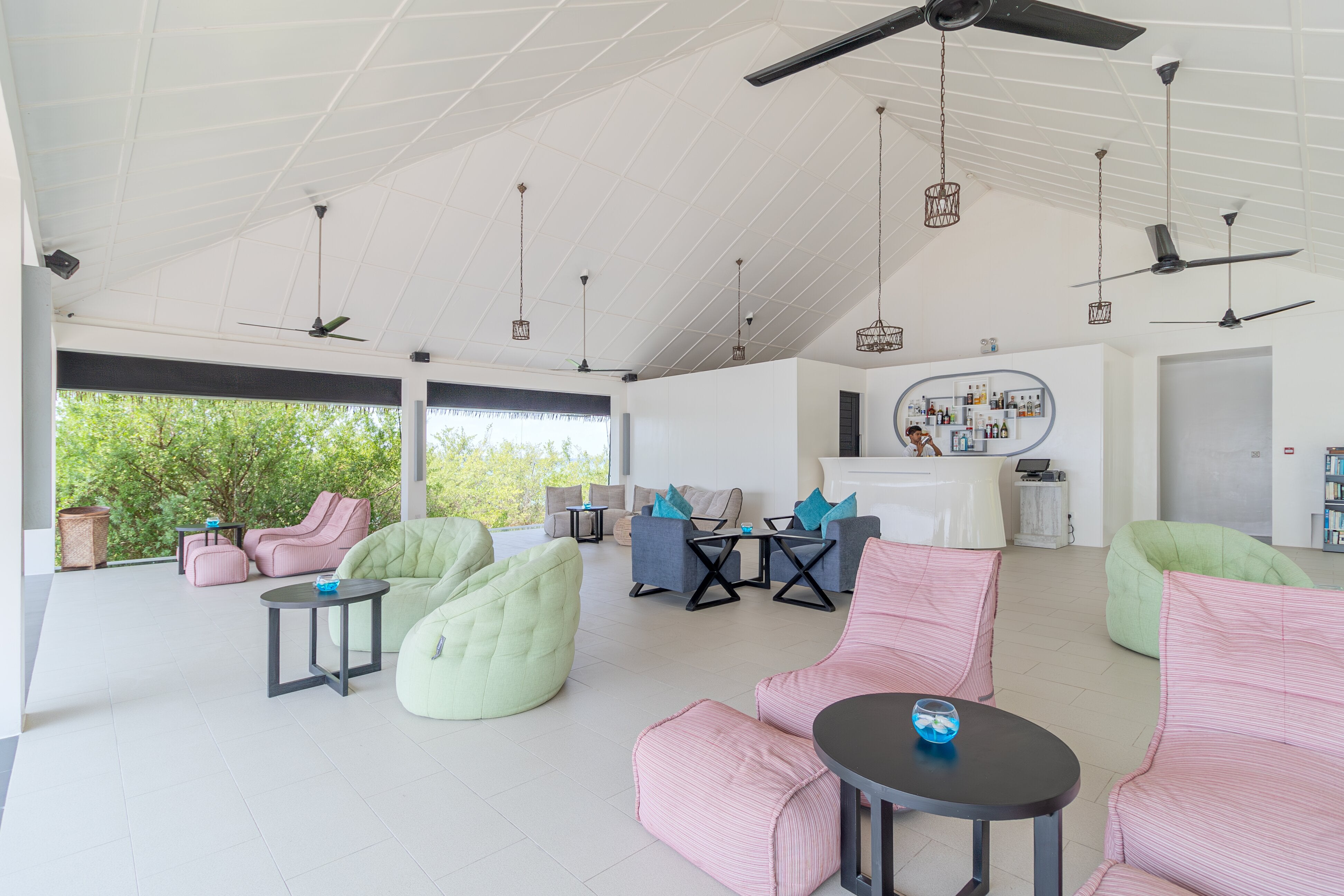 Thari Bar in Noku Maldives Resort furnished with Butterfly Sofa, Modular Sofa, Evolution Sofa and Ottoman bean bags.