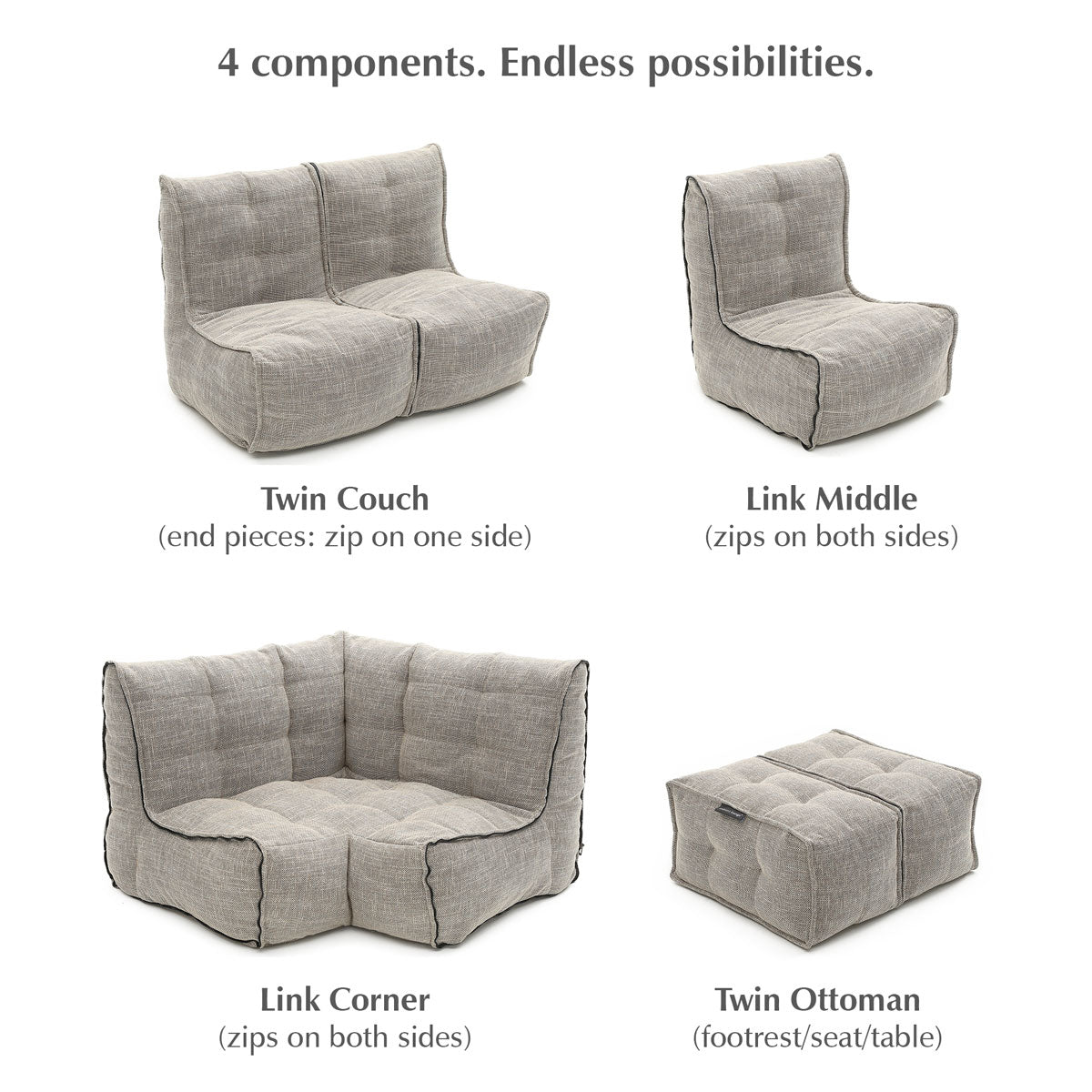 Modular bean bag sofa components